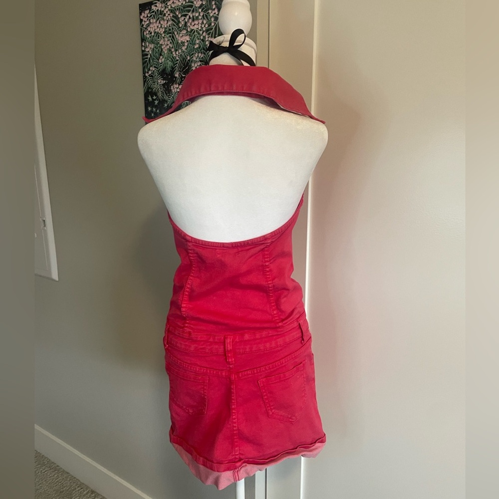 (Sold)pink bebe slee collar sleeveless halter denim dress - Picture 3 of 5